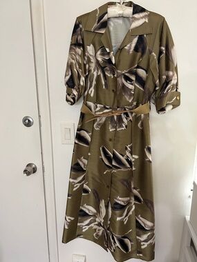 Donna Karan Olive Green Abstract Floral Midi Dress